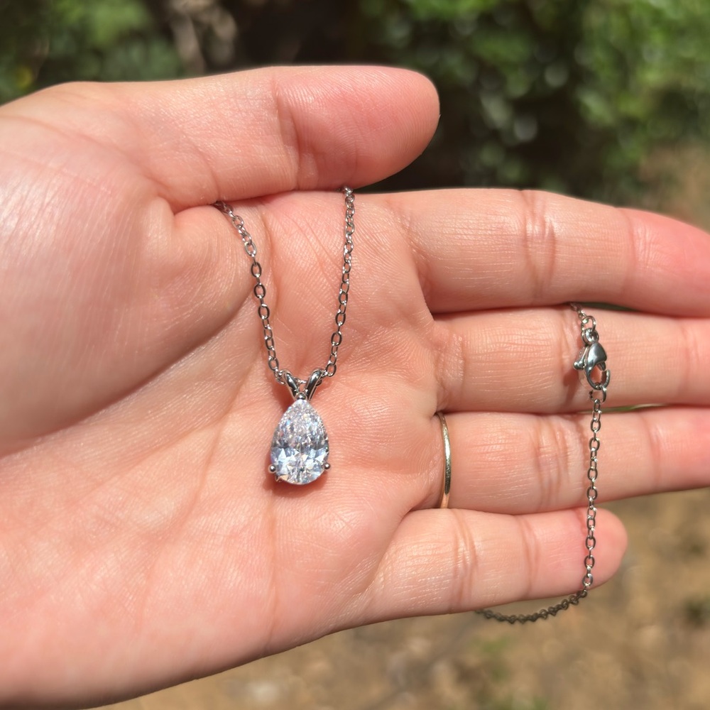 18K White Gold Plated Stainless Steel Diamond Pendant Necklace - Picture 2 of 5